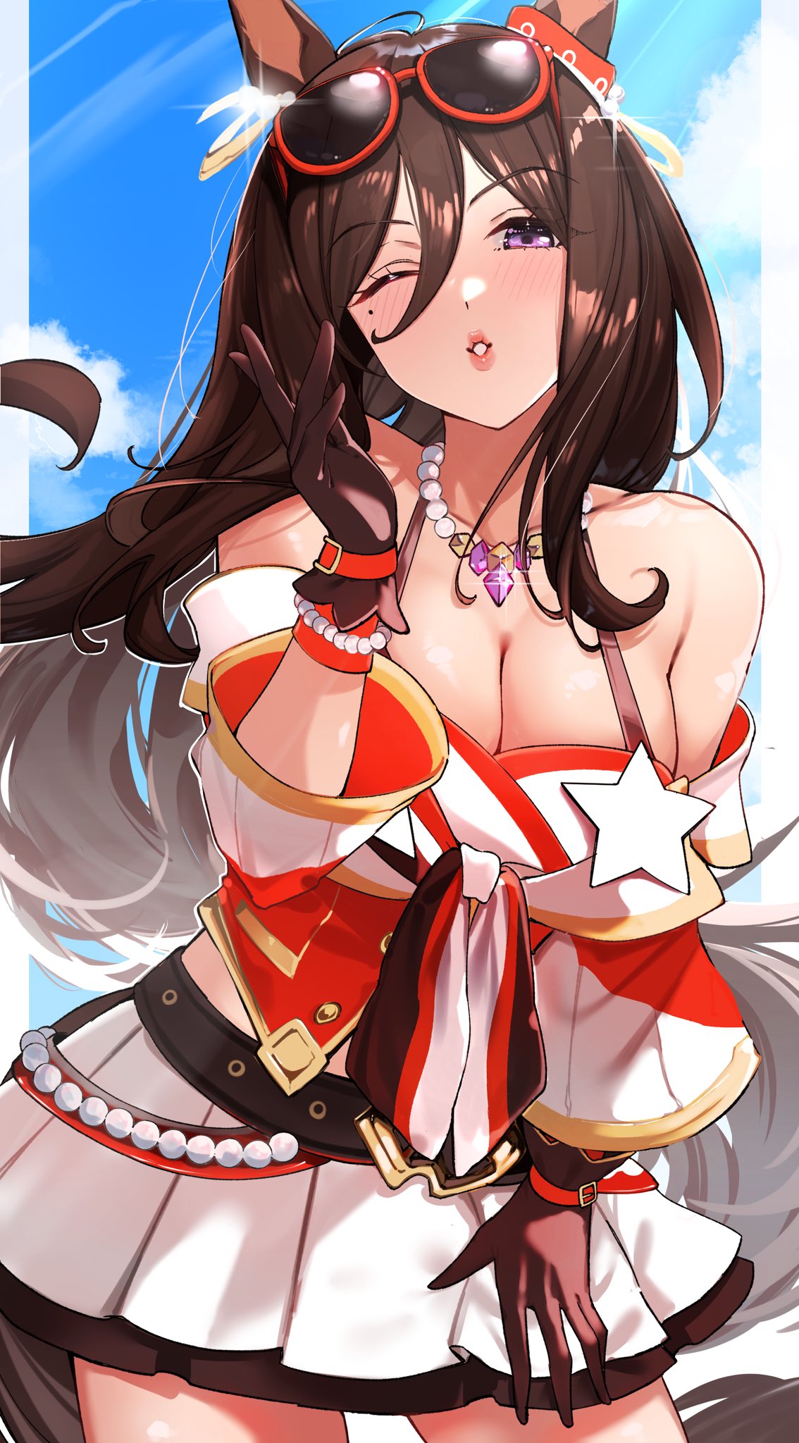 chikabe, seeking the pearl (rocket star) (umamusume), seeking the pearl (umamusume), umamusume, commission, highres, skeb commission, 1girl, animal ears, bare shoulders, blue sky, blush, breasts, brown gloves, brown hair, cleavage, cloud, ear ornament, eyewear on head, gem, gloves, hair between eyes, hair ornament, horse ears, horse girl, horse tail, jewelry, large breasts, long hair, long sleeves, looking at viewer, necklace, off-shoulder shirt, off shoulder, one eye closed, parted lips, pearl necklace, pleated skirt, puckered lips, purple eyes, red-framed eyewear, shirt, skirt, sky, smile, solo, star (symbol), sunglasses, tail, white skirt