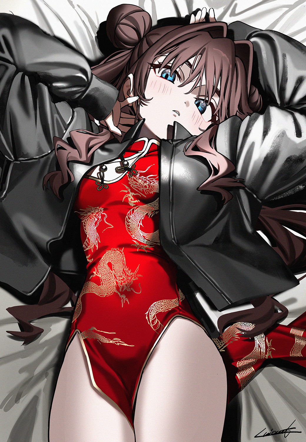 luicent, elisia valfelto, original, highres, 1girl, arms up, black jacket, blue eyes, blush, breasts, brown hair, china dress, chinese clothes, cowboy shot, double bun, dragon print, dress, hair bun, hair intakes, jacket, long hair, looking at viewer, lying, on back, open clothes, open jacket, parted lips, pelvic curtain, red dress, side slit, small breasts, solo