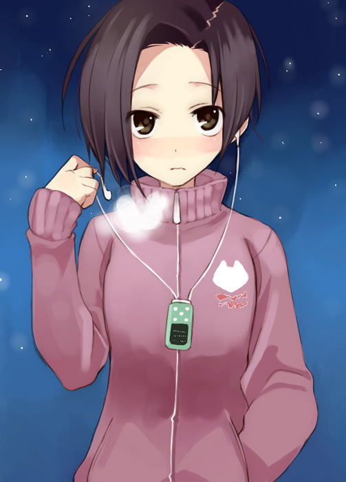 ushiki yoshitaka, kobayakawa rinko, love plus, 1girl, blush, breath, brown eyes, brown hair, earphones, female focus, mp3 player, short hair, solo