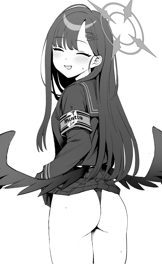 kumadano, ichika (blue archive), blue archive, 1girl, armband, ass, black hair, black panties, blush, closed eyes, feathered wings, gloves, hair ornament, hairclip, halo, long hair, long sleeves, looking back, open mouth, panties, school uniform, serafuku, simple background, skirt, sweat, underwear, wings