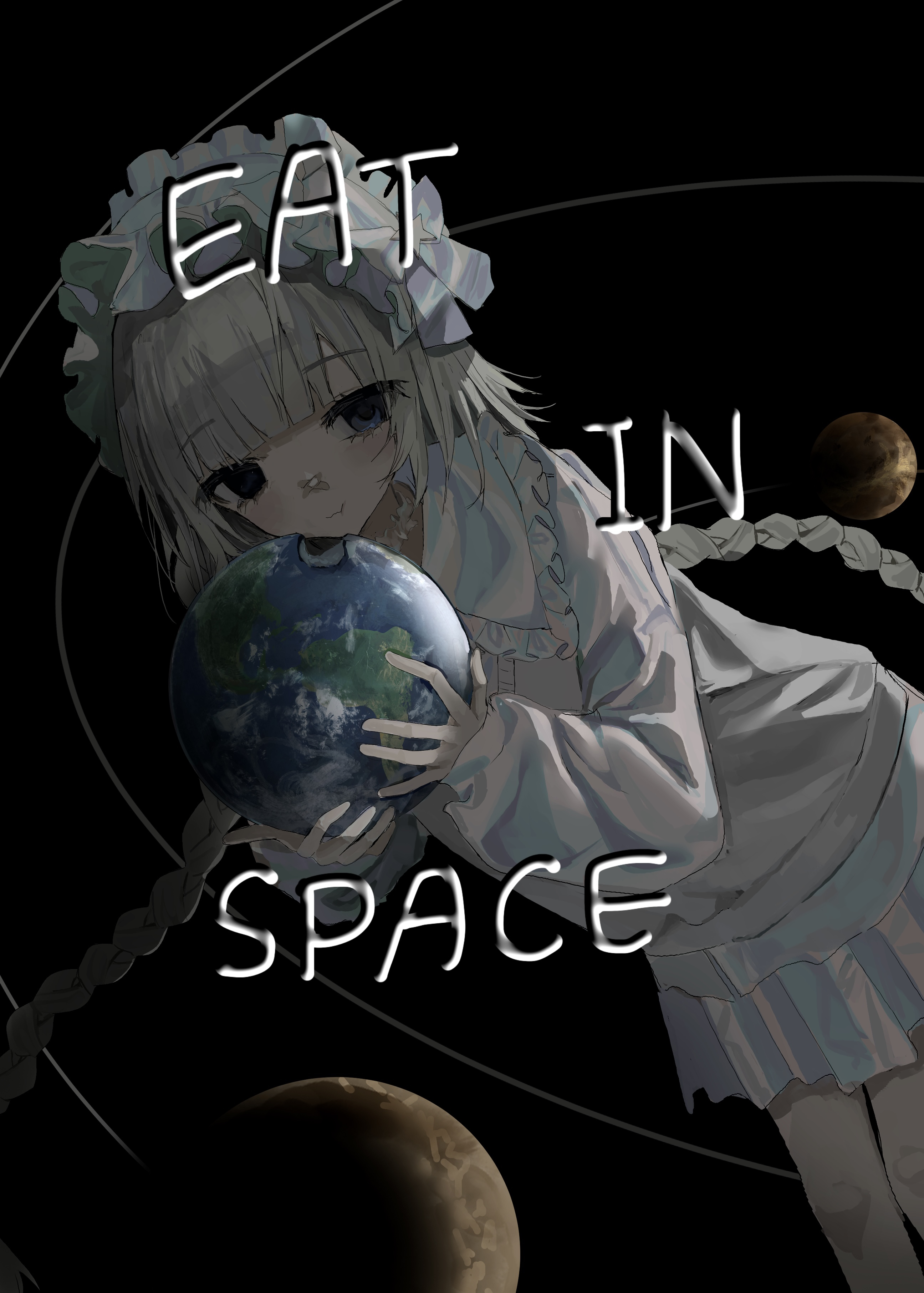 hayu (hayu0305), original, absurdres, commentary request, highres, 1girl, bandaid, bandaid on face, bandaid on nose, black background, blue eyes, blue skirt, blunt bangs, bonnet, braid, chewing, choker, closed mouth, earth (planet), eating, english text, feet out of frame, frilled choker, frilled shirt collar, frills, giant, giantess, grey hair, holding planet, long hair, long sleeves, looking at viewer, orbital path, planet, pleated skirt, simple background, skirt, solar system, solo, space, star (symbol), sweater, twin braids, twintails, very long hair, white choker, white sweater