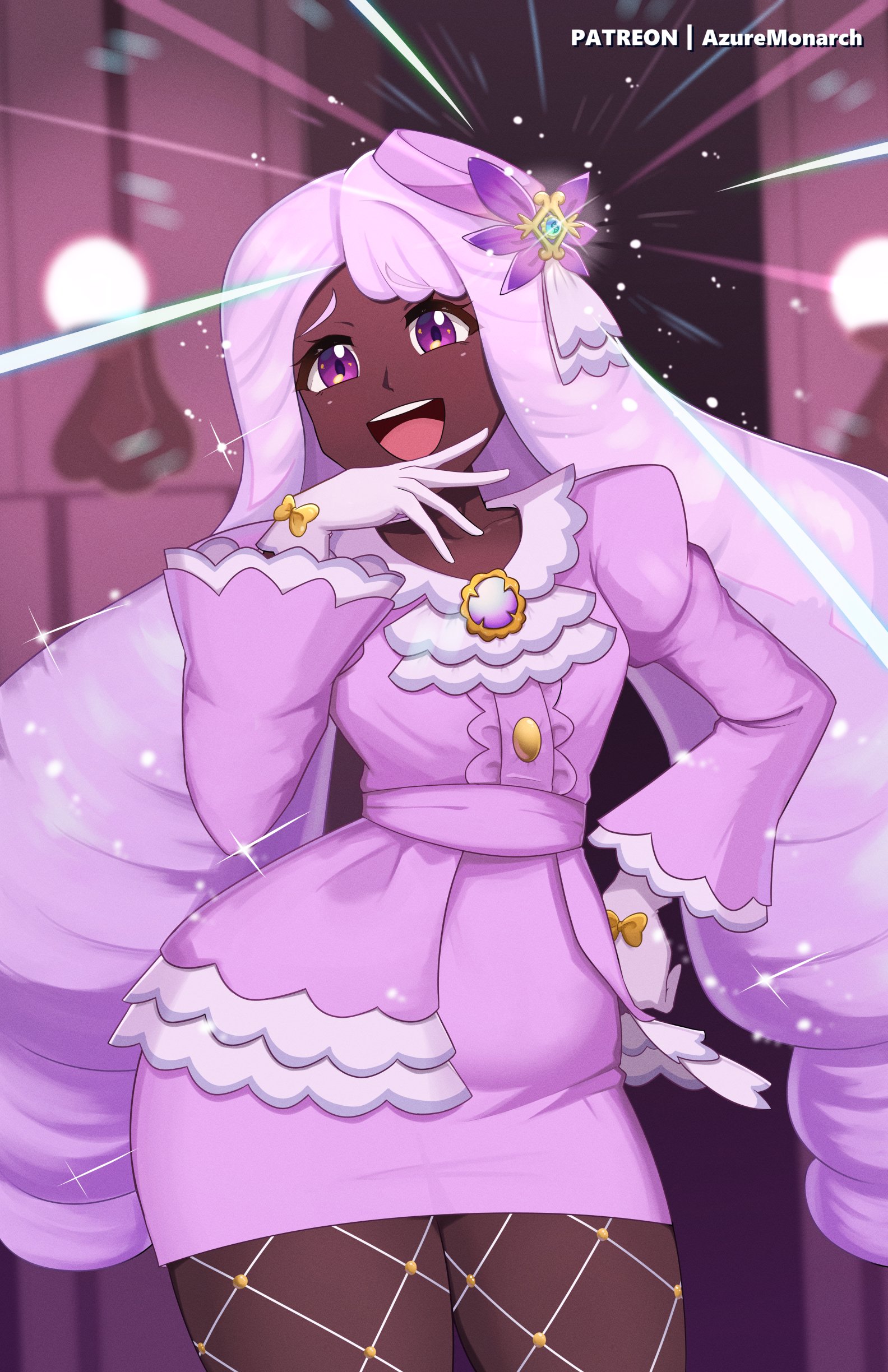 azure monarch, jacinthe (pokemon), nintendo, pokemon, pokemon legends: z-a, absurdres, highres, 1girl, artist name, ascot, buttons, dark-skinned female, dark skin, dress, fishnets, frilled ascot, frills, gloves, gold ring, hair ornament, hand on own hip, hand up, juliet sleeves, long hair, long sleeves, low drills, patreon username, puffy sleeves, purple dress, purple eyes, purple hair, solo, very dark skin, white gloves