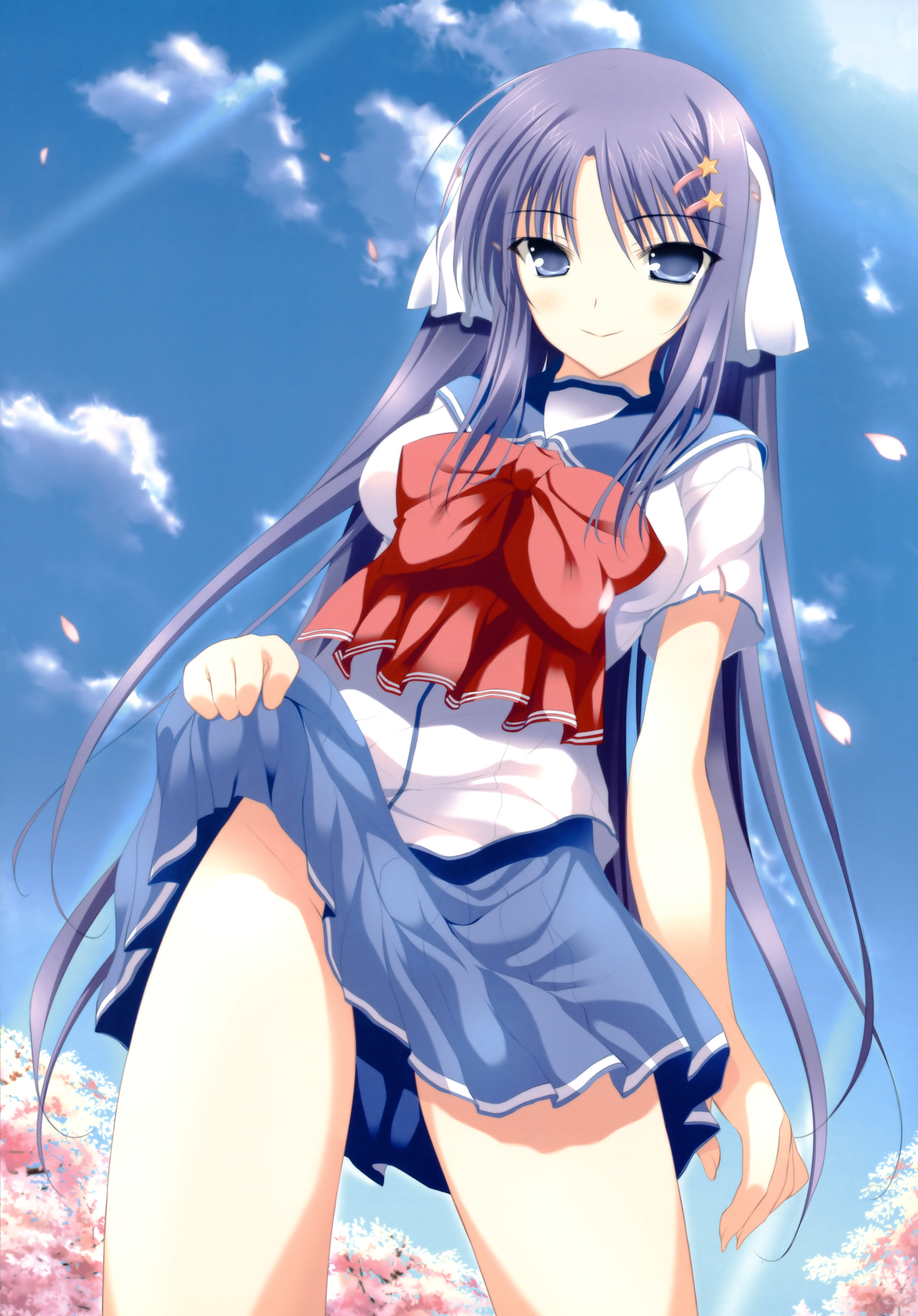 inuzumi masaki, nanahara ayaka, angel navigate, absurdres, highres, huge filesize, 1girl, blue eyes, blue hair, cherry blossoms, clothes lift, day, female focus, hair ornament, hairclip, matching hair/eyes, no panties, purple hair, school uniform, serafuku, skirt, skirt lift, sky, solo