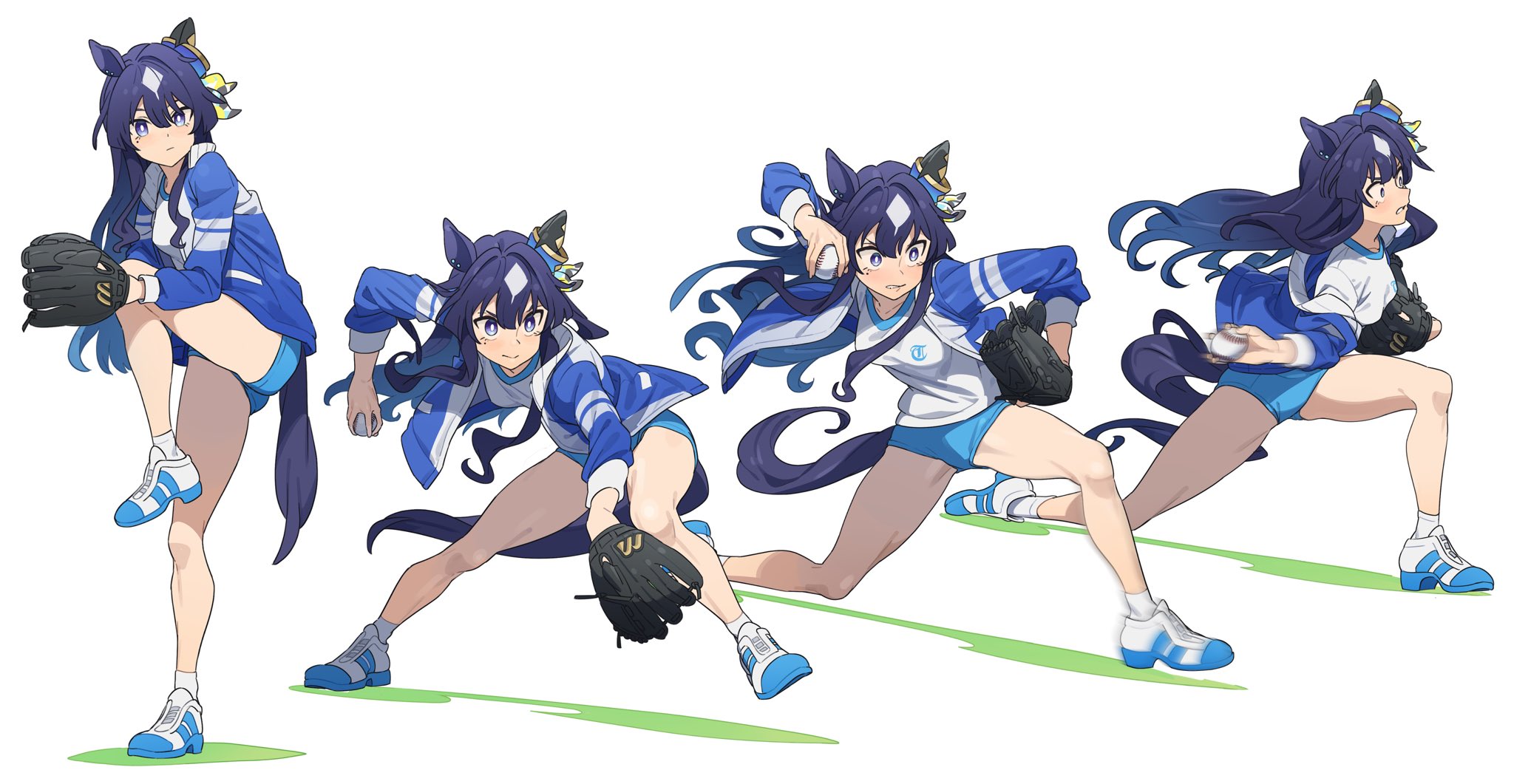 nishiki kazue, verxina (umamusume), umamusume, highres, 1girl, animal ears, ball, baseball, baseball (object), baseball glove, blue eyes, blue hair, blue shorts, blush, breasts, closed mouth, ear covers, ear ornament, hair between eyes, horse ears, horse girl, horse tail, jacket, long hair, medium breasts, mole, mole under eye, multicolored hair, parted lips, pitching, shirt, shoes, shorts, single ear cover, socks, standing, standing on one leg, tail, throwing, white shirt, white socks