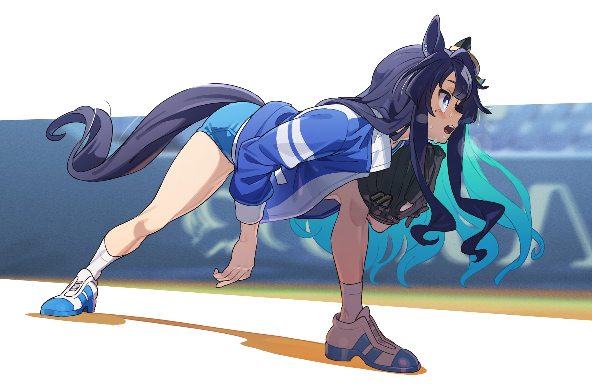 nishiki kazue, verxina (umamusume), umamusume, highres, 1girl, animal ears, baseball, baseball glove, blue eyes, blue hair, blue shorts, blush, ear covers, ear ornament, hair between eyes, horse ears, horse girl, horse tail, jacket, leaning forward, long hair, mole, mole under eye, multicolored hair, open mouth, pitching, shirt, shoes, shorts, single ear cover, socks, sweat, tail, white shirt, white socks