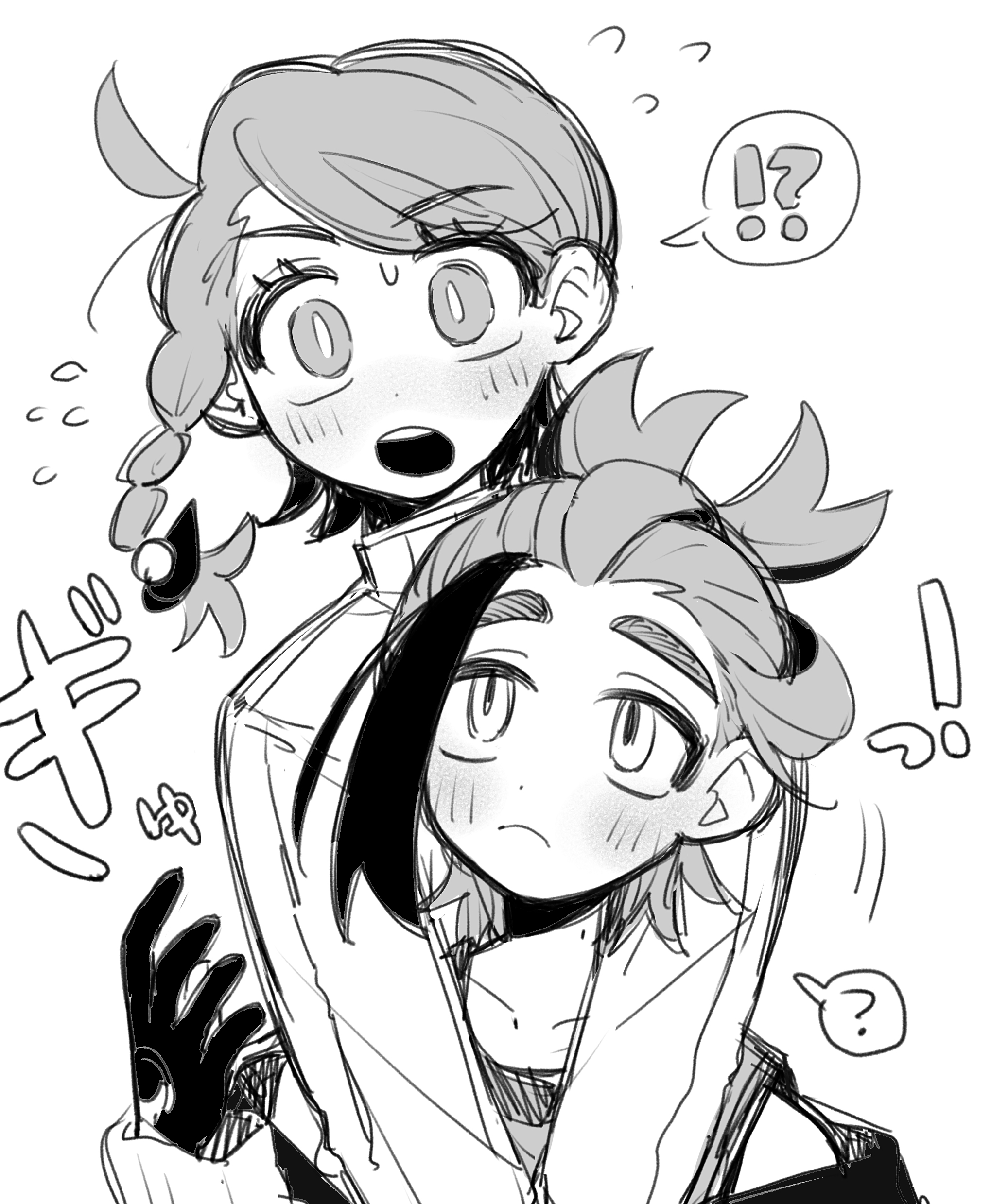 tisanntisyou, juliana (pokemon), kieran (pokemon), nintendo, pokemon, pokemon sv, absurdres, highres, !?, 1boy, 1girl, ?, ahoge, arms around neck, blush, braid, dot nose, gloves, jacket, looking at another, looking at viewer, loose hair strand, mole, mole on neck, monochrome, open mouth, partially fingerless gloves, ponytail, side braid, single braid, single glove, sketch, spoken interrobang, spoken question mark, tank top, teeth, turtleneck, turtleneck jacket, upper teeth only