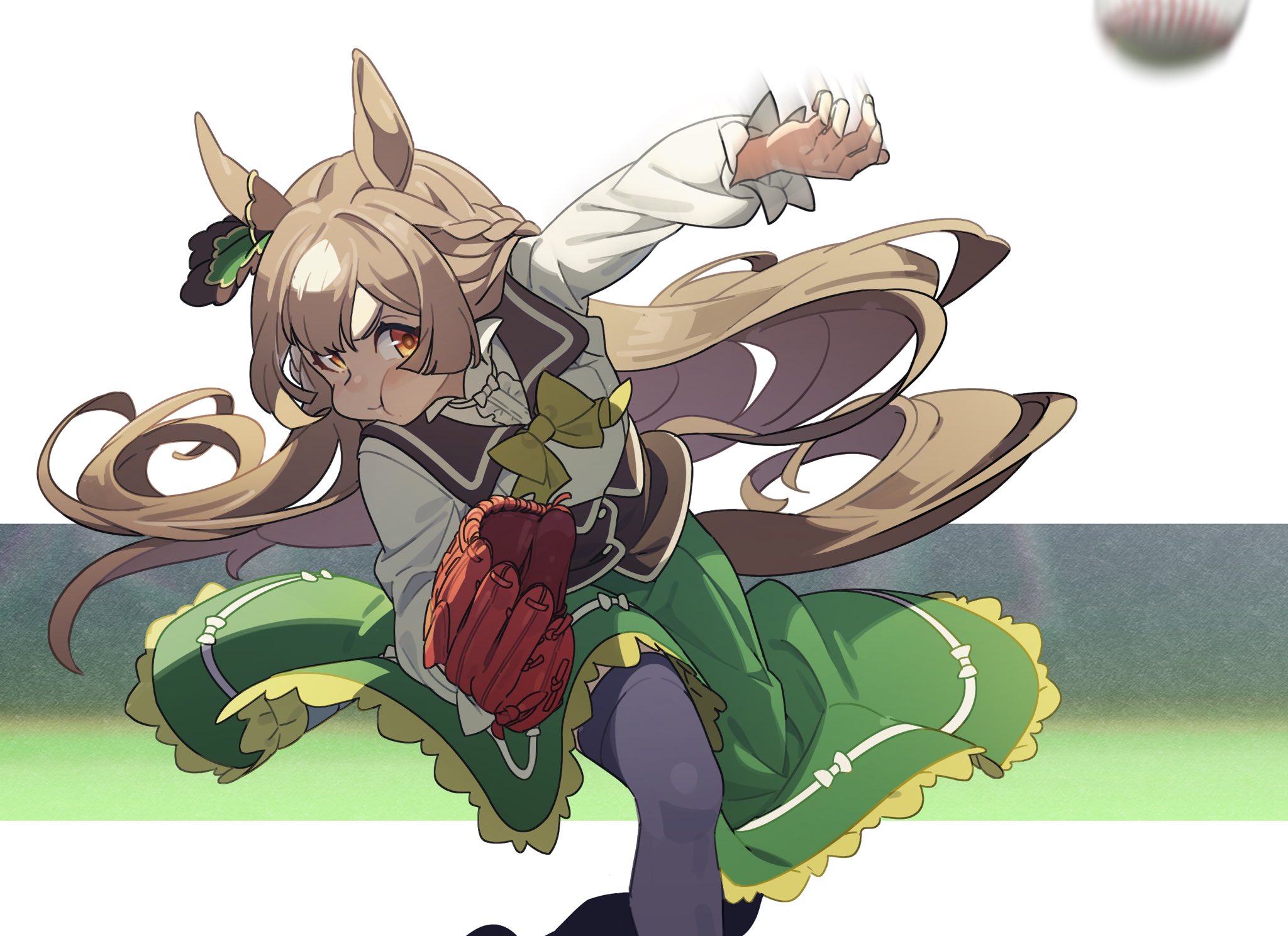 nishiki kazue, satono diamond (umamusume), umamusume, highres, 1girl, animal ears, ball, baseball, baseball (object), baseball glove, black thighhighs, blush, bow, braid, breasts, brown corset, brown eyes, brown hair, brown sailor collar, closed mouth, corset, double-parted bangs, ear ornament, green skirt, hair between eyes, horse ears, horse girl, long hair, long sleeves, multicolored hair, pitching, sailor collar, shirt, skirt, streaked hair, tail, teeth, thighhighs, very long hair, white shirt, yellow bow
