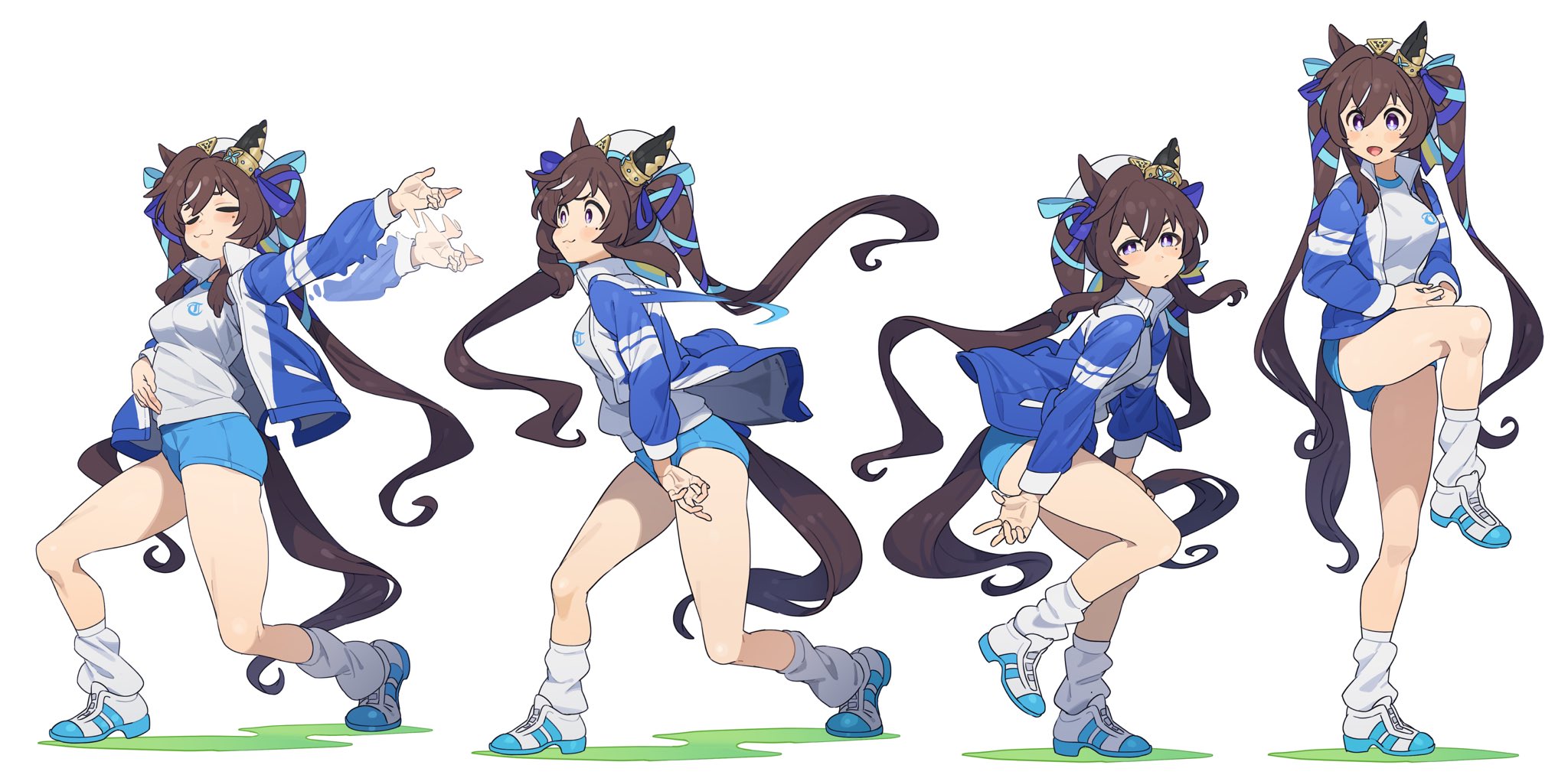 nishiki kazue, vivlos (umamusume), umamusume, highres, 1girl, animal ears, baseball, blue eyes, blue jacket, blue ribbon, blue shorts, blush, breasts, brown hair, closed eyes, ear covers, hair between eyes, hair ribbon, hat, horse ears, horse girl, horse tail, jacket, long hair, medium breasts, open clothes, open jacket, open mouth, pitching, ribbon, shirt, shoes, shorts, single ear cover, smile, socks, standing, standing on one leg, tail, twintails, white shirt, white socks