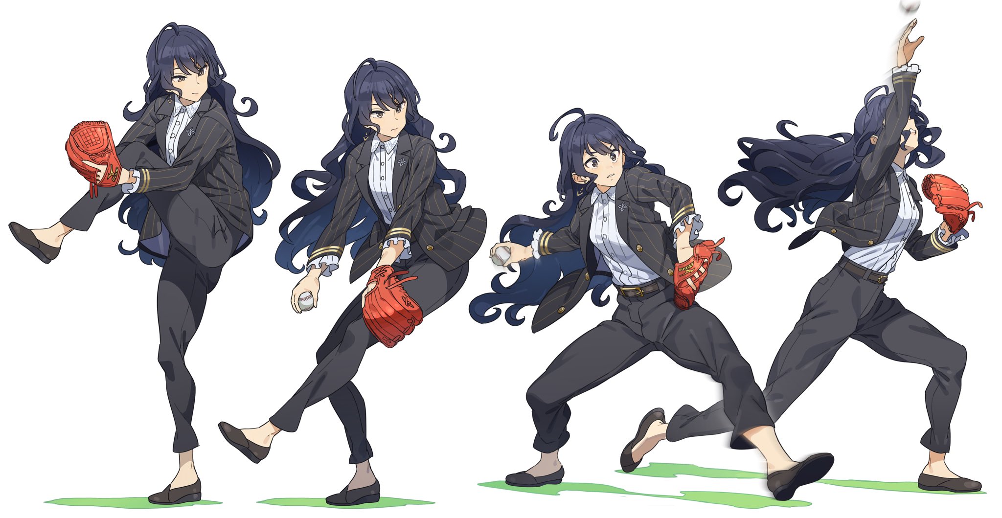 nishiki kazue, kashimoto riko, umamusume, highres, ball, baseball, baseball (object), baseball glove, belt, black hair, black jacket, black pants, black shirt, breasts, brown eyes, closed mouth, failure, formal clothes, jacket, long hair, open clothes, open jacket, open mouth, pants, pitching, shirt, shoes, standing, standing on one leg, teeth, white shirt