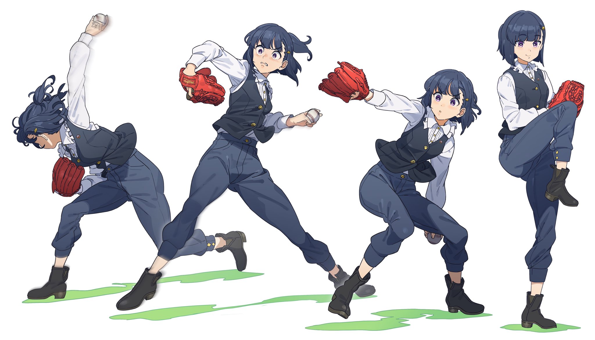 nishiki kazue, kiryuuin aoi, umamusume, highres, 1girl, ball, baseball, baseball (object), baseball glove, black hair, black pants, black vest, boots, closed mouth, collared shirt, long sleeves, open mouth, pants, parted lips, pitching, purple eyes, shirt, short hair, smile, standing, standing on one leg, vest, white shirt