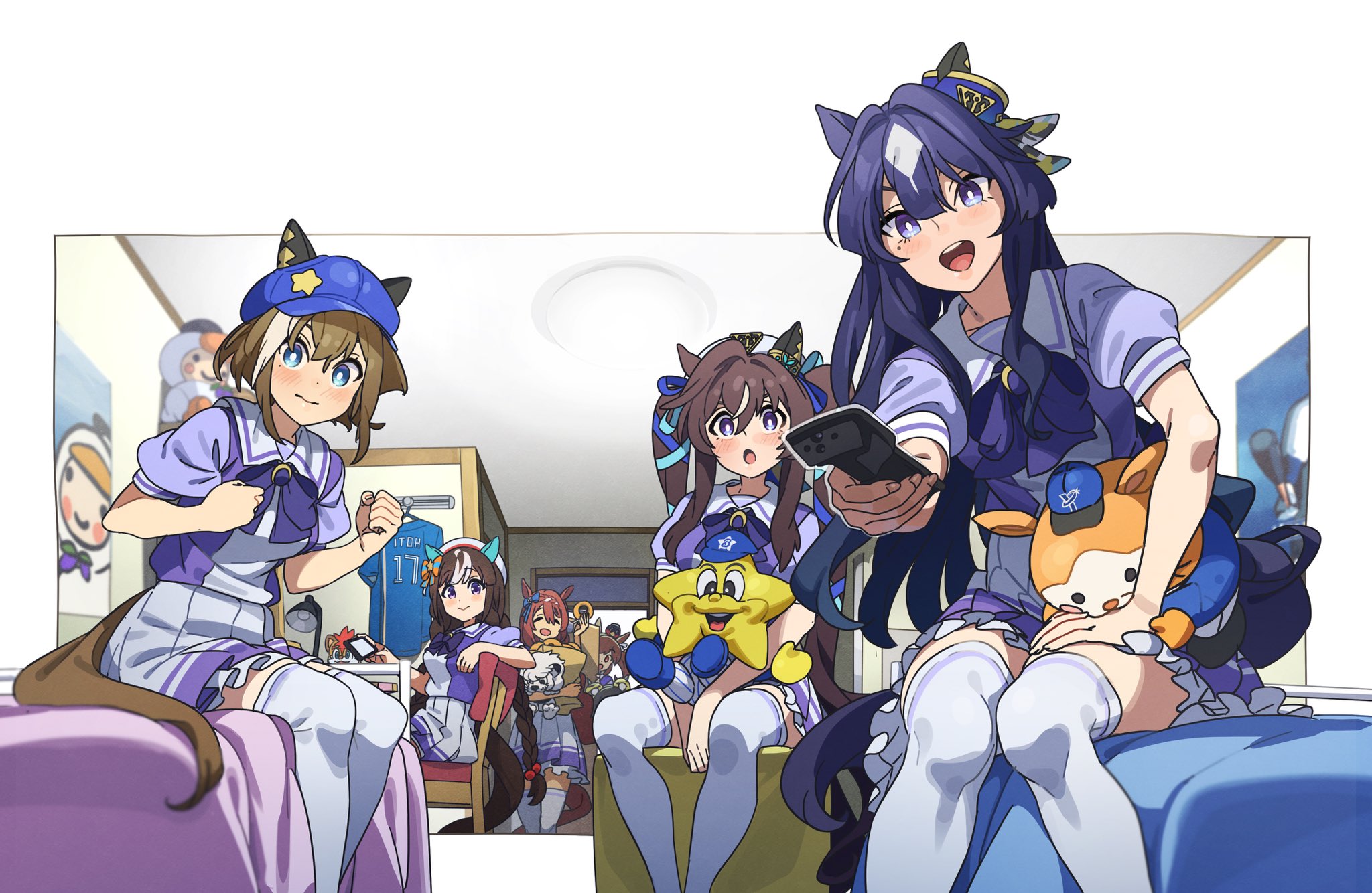 nishiki kazue, aston machan (umamusume), cheval grand (umamusume), hokko tarumae (umamusume), super creek (umamusume), verxina (umamusume), vivlos (umamusume), umamusume, character request, highres, 6+girls, animal ears, bag, baseball cap, baseball jersey, beret, blue eyes, blue hair, blue ribbon, blush, bow, bowtie, braid, breasts, brown hair, chair, character doll, closed eyes, closed mouth, controller, crown, desk lamp, doll, donut, ear covers, ears through headwear, food, hair between eyes, hair ornament, hair ribbon, hat, holding, holding donut, holding food, holding remote control, horse ears, horse girl, horse tail, jersey, lamp, long hair, medium hair, mini crown, mole, mole under eye, multicolored hair, multiple girls, on chair, open mouth, pleated skirt, poster (object), puffy short sleeves, puffy sleeves, purple bow, purple bowtie, purple eyes, purple shirt, remote control, ribbon, sailor collar, sailor shirt, school uniform, shirt, short sleeves, single ear cover, sitting, skirt, smile, streaked hair, stuffed animal, stuffed toy, tail, thighhighs, tilted headwear, tomachop, tracen school uniform, twin braids, twintails, v sisters, very long hair, white hair, white hat, white sailor collar, white skirt, white thighhighs