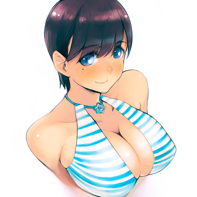 yurikawa, anegasaki nene, love plus, 1girl, alternate hairstyle, bare shoulders, bikini, blue eyes, breasts, cleavage, female focus, large breasts, mole, mole under eye, short hair, smile, solo, striped bikini, striped clothes, swimsuit
