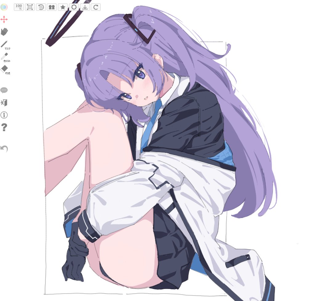 okimiyage (oitekuze kore), yuuka (blue archive), blue archive, 1girl, art program in frame, black gloves, black panties, black skirt, blue necktie, gloves, halo, hugging own legs, jacket, jacket partially removed, long hair, looking at viewer, mechanical halo, necktie, panties, pantyshot, purple eyes, purple hair, simple background, sitting, skirt, solo, two side up, underwear, white background, white jacket