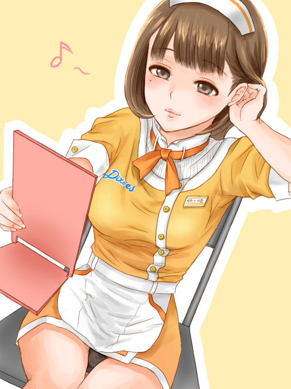 uno (artist), uno (uso), anegasaki nene, love plus, bad id, bad pixiv id, 1girl, brown eyes, brown hair, female focus, mole, mole under eye, panties, pantyshot, short hair, sitting, solo, underwear, waitress