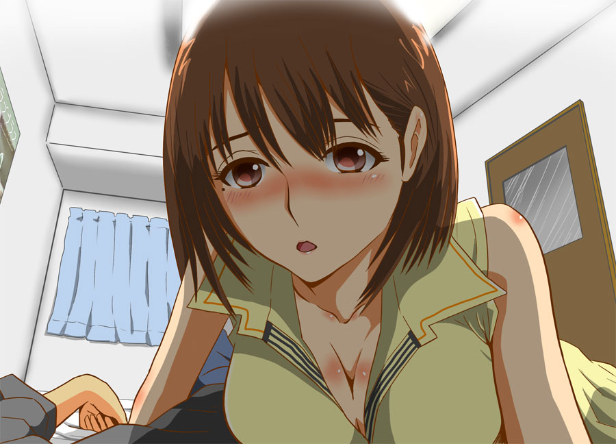 7001, anegasaki nene, love plus, 1girl, blush, breasts, brown eyes, brown hair, cleavage, female focus, large breasts, mole, mole under eye, pov, short hair, solo