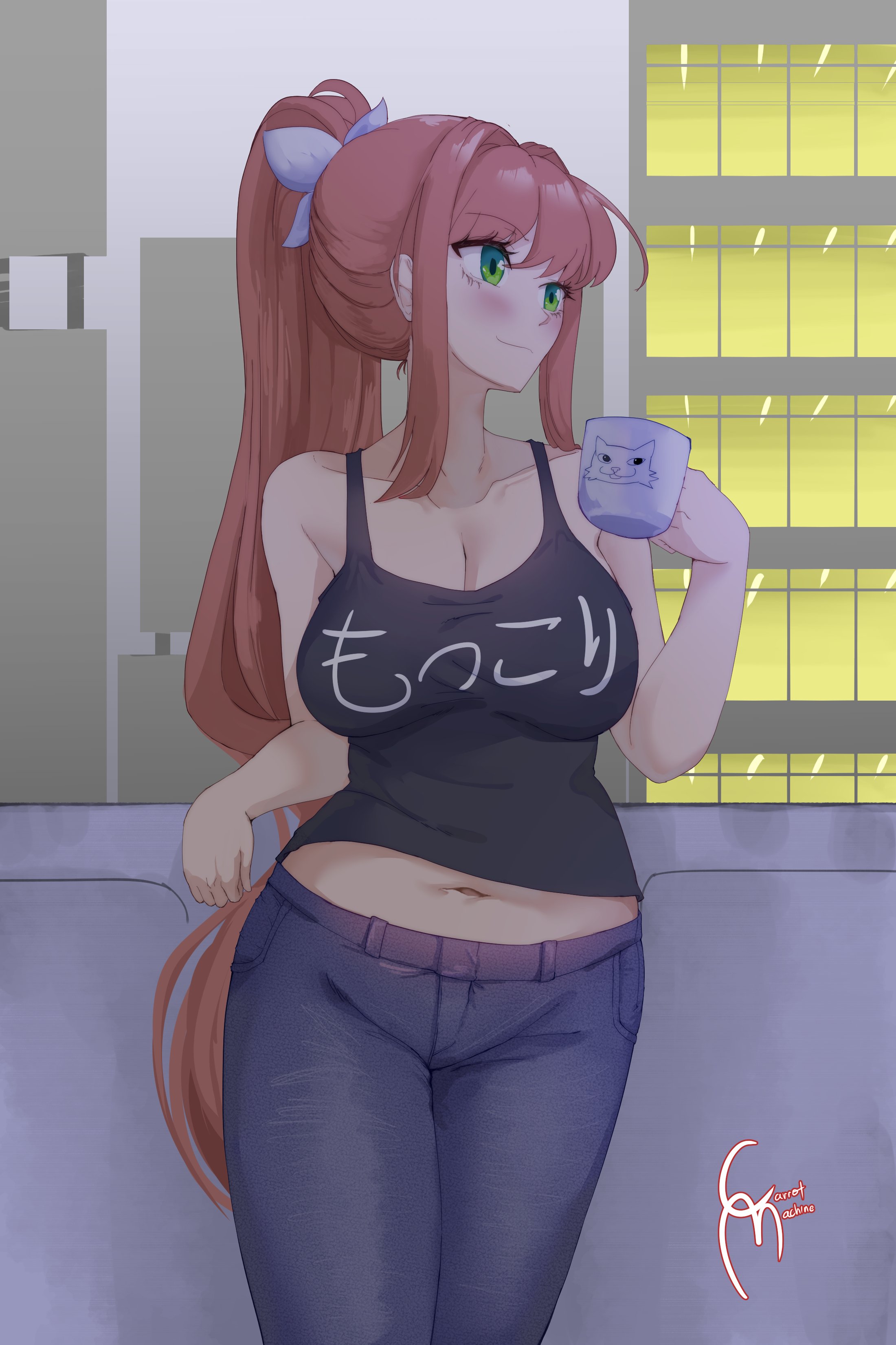 monika (doki doki literature club), doki doki literature club, highres, 1girl, against railing, artist name, blush, breasts, brown hair, cleavage, coffee mug, cup, denim, green eyes, hair ribbon, jeans, large breasts, legs, long hair, mug, navel, pants, ponytail, railing, ribbon, shirt, sleeveless, sleeveless shirt, smile, solo, thighs