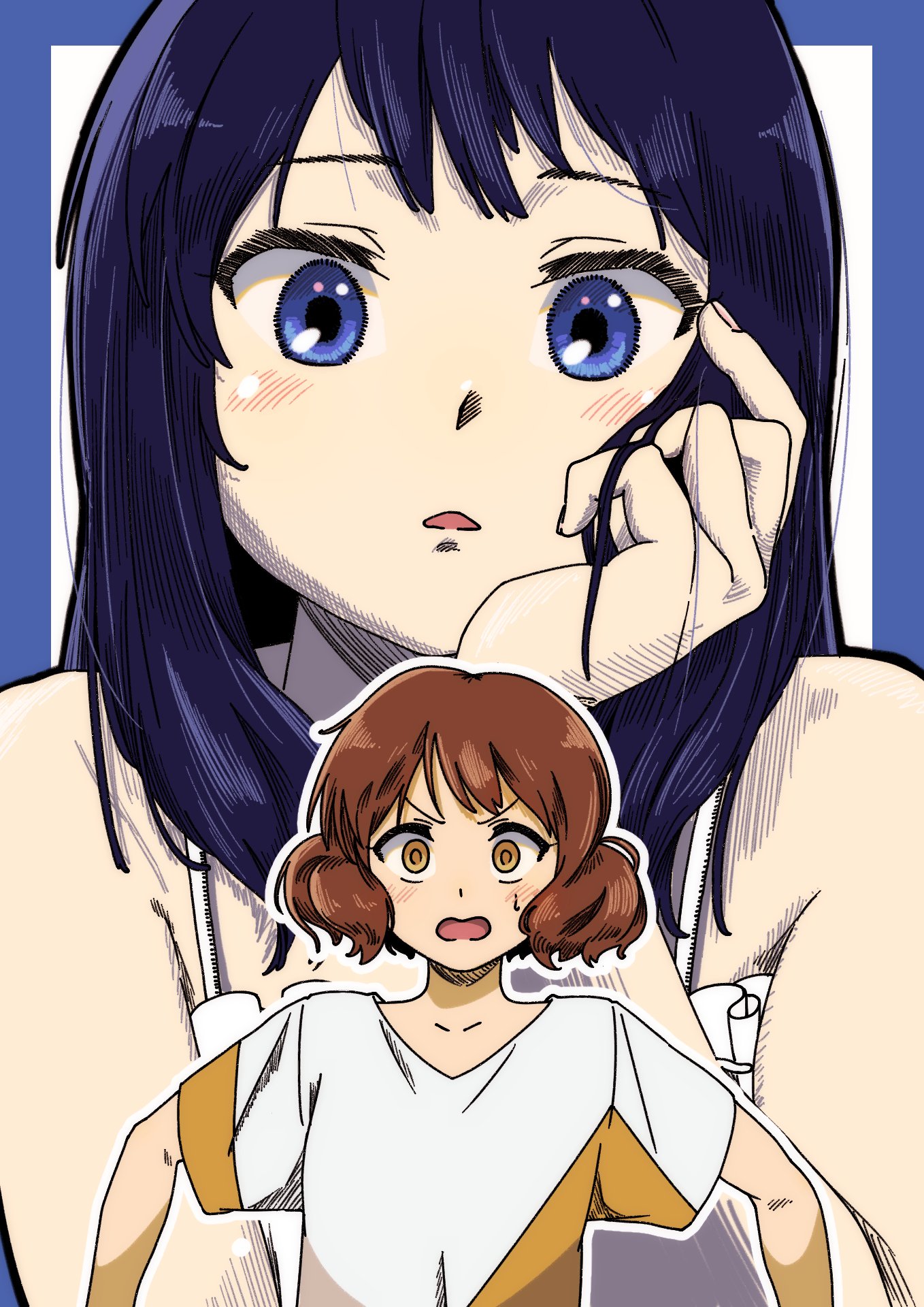 kousaka reina, oumae kumiko, hibike! euphonium, commentary request, highres, 2girls, bare shoulders, blue border, blue eyes, blue hair, blush, border, brown eyes, brown hair, doujinshi cover trope (trend), flustered, g s u m, hand on own face, head rest, long hair, multiple girls, open mouth, parted lips, peanut mouth, projected inset, shirt, short hair, short sleeves, t-shirt, upper body, v-shaped eyebrows, white shirt