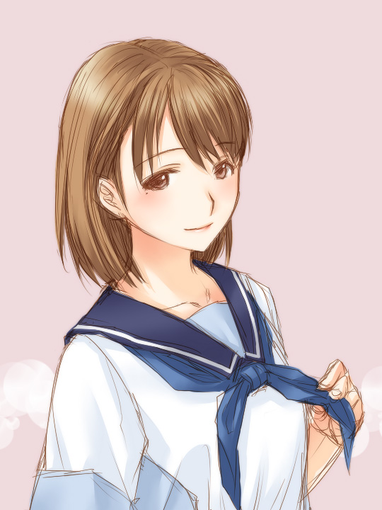 sakimino, anegasaki nene, love plus, 1girl, blush, brown eyes, brown hair, closed mouth, female focus, from side, grey background, light smile, mole, mole under eye, school uniform, serafuku, shirt, short hair, simple background, sketch, smile, solo, upper body, white shirt