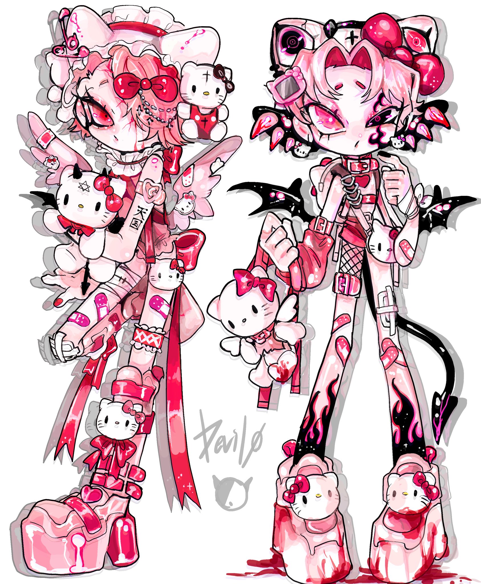 amatou akuma, hello kitty, original, sanrio, garters, highres, 2boys, angel wings, animal ears, arm belt, arm strap, asymmetrical clothes, back bow, bag, bandaged arm, bandaged leg, bandaged wrist, bandages, bandaid, bandaid on face, bandaid on knee, bandaid on leg, bandaid on nose, bandaid on thigh, bandaid on wing, bat wings, belt, black eyes, black nails, black socks, black wings, blood, blood drip, blood on ears, blood on face, blood on shoes, blood on toy, boots, bow, cat ears, character backpack, character bag, character doll, character hair ornament, character print, character sticker, collar, crop top, demon boy, demon tail, demon wings, detached wings, doll, dripping, ear piercing, earrings, facial mark, fake animal ears, feathered wings, fire tattoo, fishnets, flame tattoo, frilled collar, frilled headwear, frilled leotard, frilled thigh strap, frills, full body, garter straps, hair bow, hair ornament, hair over one eye, hat, heart, heart print, heterochromia, holding, holding bag, holding stuffed toy, injury, jewelry, knee boots, kneehighs, knife, leotard, long sleeves, looking at viewer, maid headdress, male focus, midriff, mini wings, multiple boys, nail polish, nurse cap, parted bangs, patch, piercing, pink arm strap, pink belt, pink boots, pink bow, pink buckle, pink eyes, pink hair, pink leotard, pink shirt, pink shoes, pink sneakers, pink theme, pink thigh strap, pink veins, pink wings, platform boots, platform shoes, platform sneakers, red belt, red bow, red eyes, red nails, red straps, red trim, ribbon, shirt, shoes, short hair, shorts, simple background, single pantsleg, sneakers, socks, spiked ear piercing, standing, sticker, stuffed animal, stuffed cat, stuffed toy, tail, tail ornament, thigh belt, thigh strap, trap, uneven eyes, veins, white background, white cap, white hat, white headdress, wings