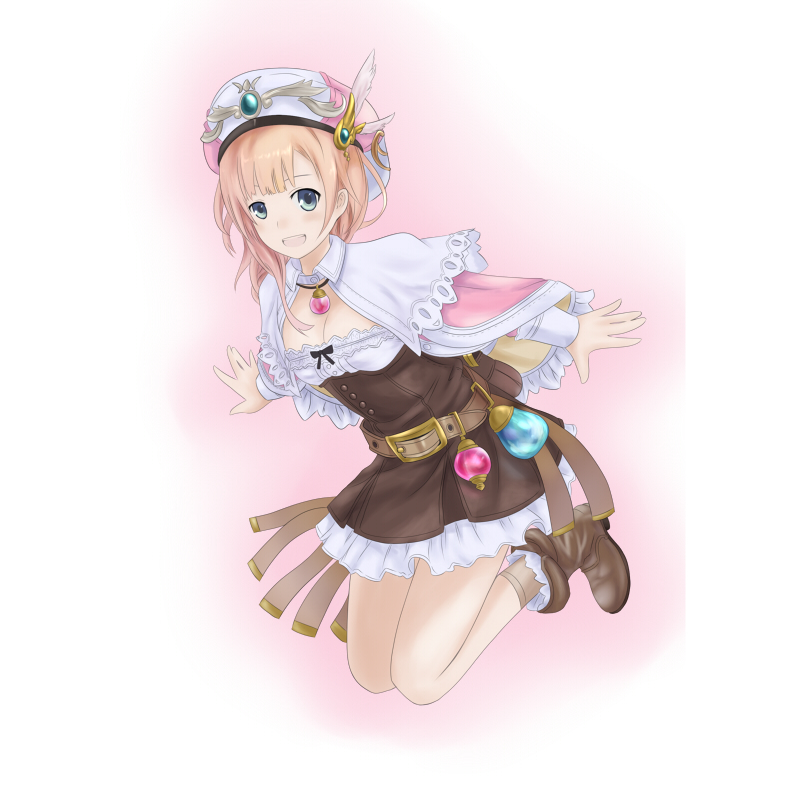 john (kakurenbo), rorolina frixell, atelier (series), atelier rorona, bad id, bad pixiv id, 1girl, brown dress, dress, feathers, female focus, green eyes, hat, red hair, solo