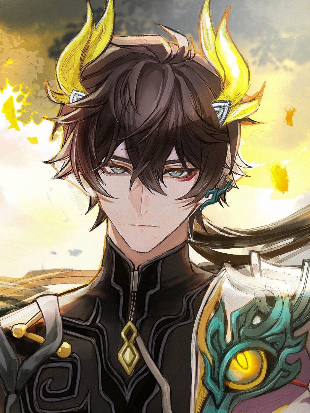 shivaille, dan heng (honkai: star rail), dan heng (permansor terrae) (honkai: star rail), honkai: star rail, honkai (series), commentary, english commentary, highres, 1boy, aqua eyes, black shirt, collared shirt, double-parted bangs, dragon boy, dragon horns, ear covers, eyelashes, eyeliner, floating hair, hair between eyes, horns, leaf, long hair, makeup, male focus, official alternate costume, pointy ears, portrait, red eyeliner, shirt, single ear cover, solo, upper body, very long hair, yellow horns, zipper, zipper pull tab