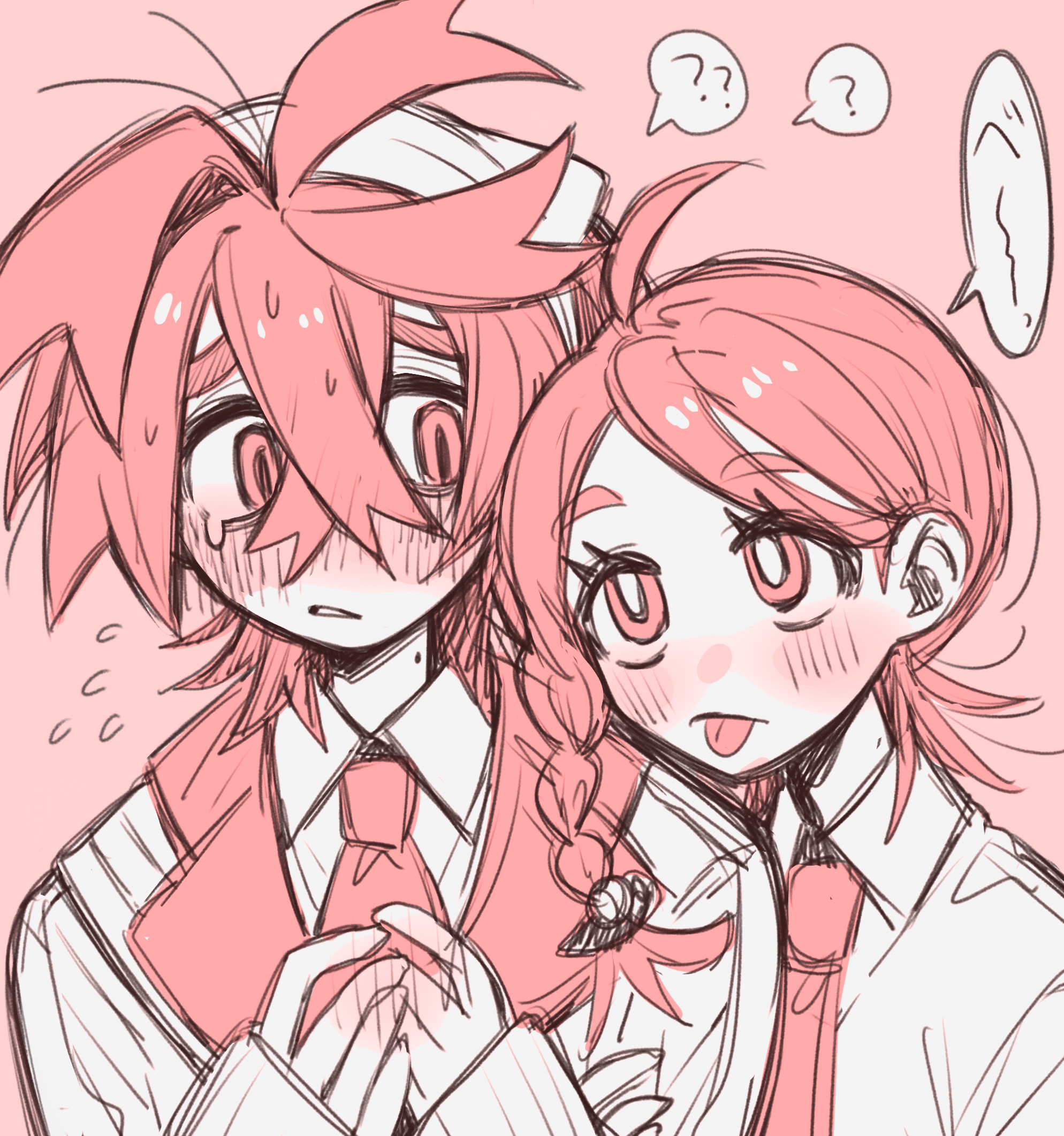 tisanntisyou, juliana (pokemon), kieran (pokemon), nintendo, pokemon, pokemon sv, highres, 1boy, 1girl, ?, ahoge, blueberry academy school uniform, blush, braid, crossed bangs, flying sweatdrops, hair between eyes, hairband, head on another's shoulder, looking at another, mole, mole on neck, monochrome, necktie, pink background, pink theme, school uniform, side braid, sketch, spoken question mark, tongue, tongue out