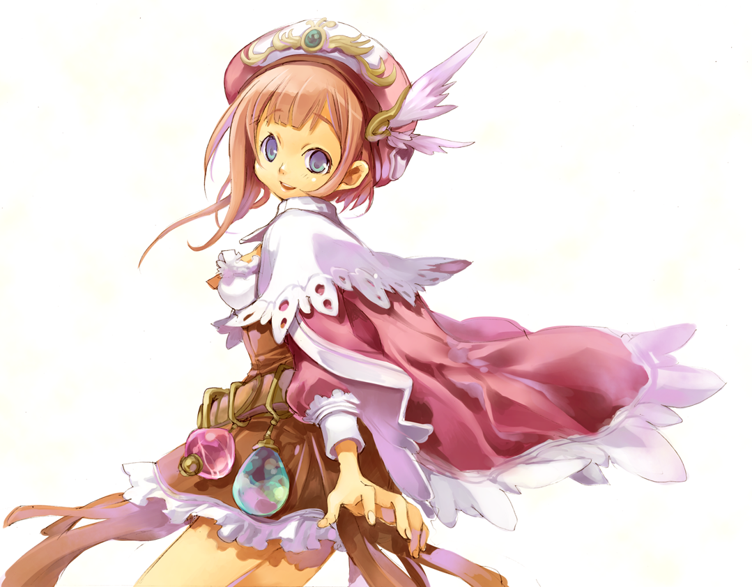 marumari shia, rorolina frixell, atelier (series), atelier rorona, 1girl, blue eyes, brown dress, dress, feathers, female focus, hat, red hair, solo, white background