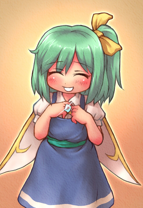 sankuma, daiyousei, embodiment of scarlet devil, touhou, 1girl, female focus, gradient background, green hair, jewelry, ring, short hair, side ponytail, solo, wings
