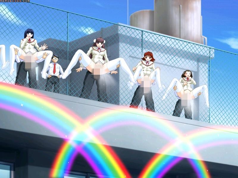 juubaori mashumaro, soushinjutsu 2, studio jaren, white legwear, game cg, 5boys, 5girls, assisted peeing, black hair, bottomless, brown hair, building, censored, cloud, female focus, fence, holding, mosaic censoring, multiple boys, multiple girls, no panties, out of frame, outdoors, peeing, peeing together, public indecency, rainbow, red hair, rooftop, sky, spread legs, thighhighs, what, window