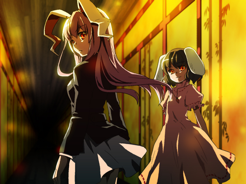 mizuki riko, inaba tewi, reisen udongein inaba, touhou, bad id, bad pixiv id, 2girls, animal ears, black hair, blazer, female focus, jacket, long hair, looking back, multiple girls, pleated skirt, purple hair, rabbit ears, red eyes, short hair, skirt