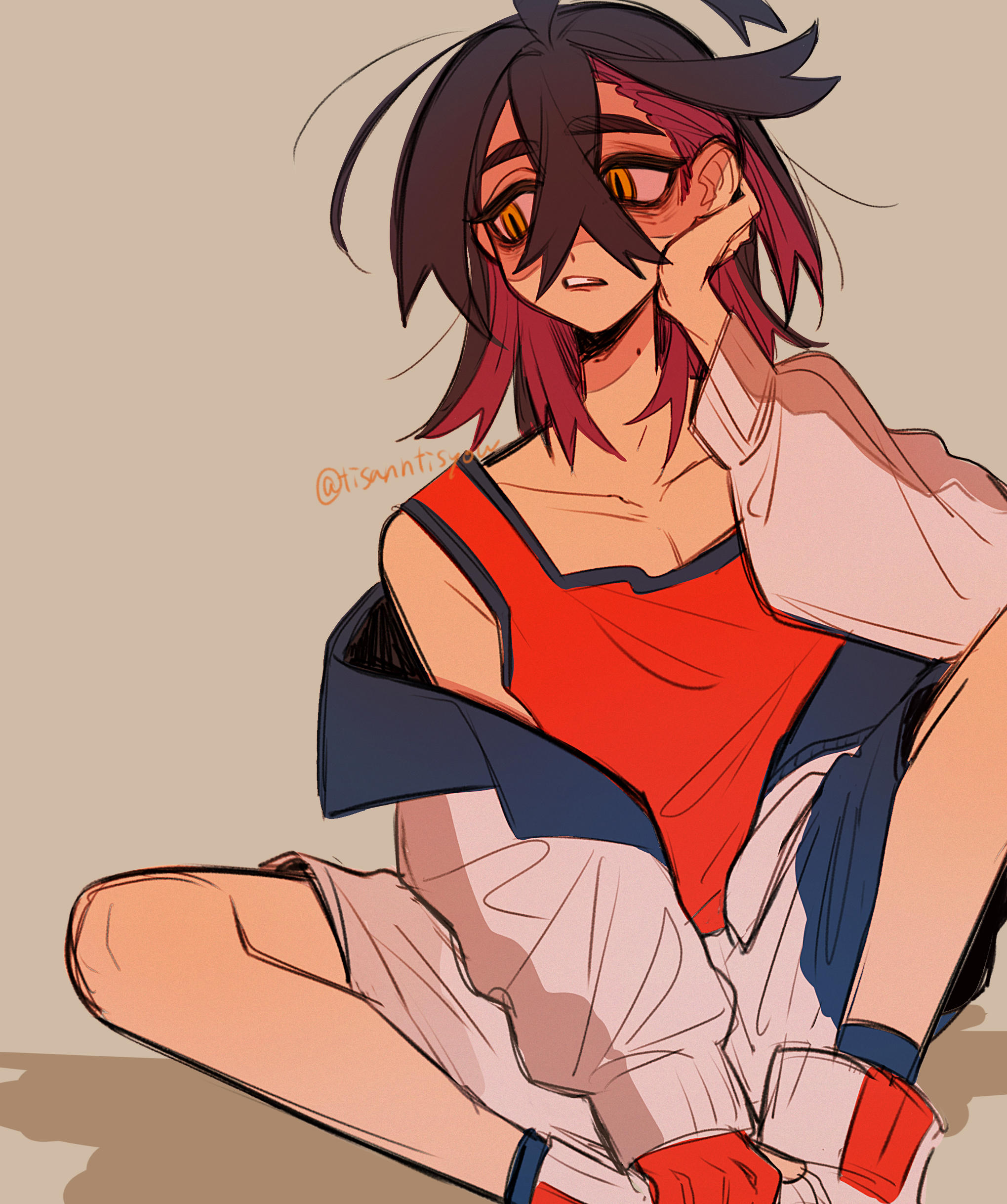 tisanntisyou, kieran (pokemon), nintendo, pokemon, pokemon sv, absurdres, commentary request, highres, 1boy, black hair, blue socks, collarbone, colored inner hair, crossed bangs, full body, gloves, hand on own face, hand on own foot, jacket, jacket partially removed, knees apart feet together, looking to the side, male focus, messy hair, mole, mole on neck, multicolored hair, off shoulder, open mouth, partially shaded face, purple hair, red gloves, red tank top, shorts, signature, single glove, sitting, socks, solo, tank top, teeth, two-tone hair, upper teeth only, white jacket, white shorts, yellow eyes