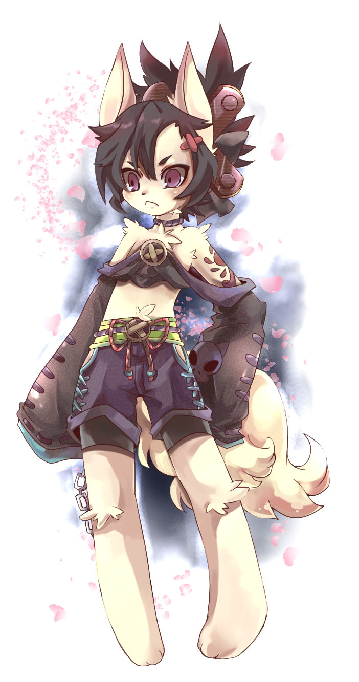 highres, 1girl, animal ears, animal hands, bare shoulders, barefoot, black hair, chain, cherry blossoms, collar, female focus, flat chest, fox ears, furry, furry female, hair ornament, hairclip, long sleeves, purple eyes, solo, tail