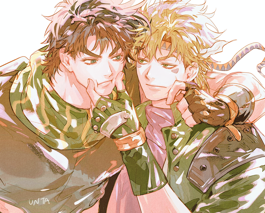 sues, caesar anthonio zeppeli, joseph joestar, joseph joestar (young), battle tendency, jojo no kimyou na bouken, 2boys, :t, arm around shoulder, black gloves, black shirt, blonde hair, cheek pinching, cheek pull, eye contact, eyelashes, facial mark, fake head wings, fingerless gloves, gloves, green eyes, green jacket, green scarf, headband, jacket, looking at another, looking to the side, male focus, multiple boys, pinching, pink shirt, popped collar, scarf, shirt, simple background, thick eyebrows, v-shaped eyebrows, white background, wrist belt