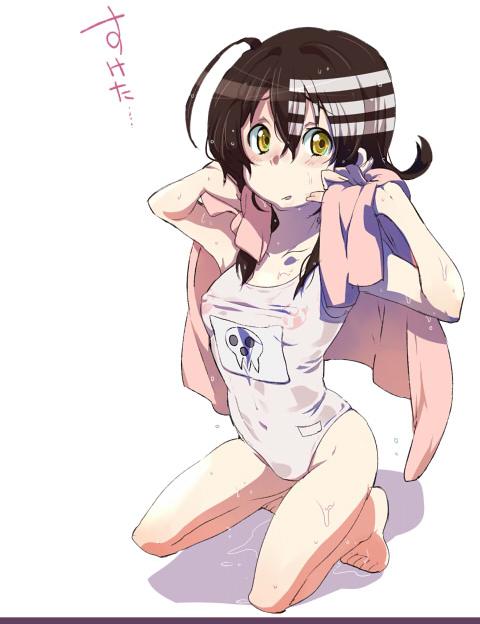 shuri (84k), death the kid, soul eater, gender request, jpeg artifacts, 00s, 1girl, barefoot, female focus, genderswap, school swimsuit, solo, swimsuit, towel, wet