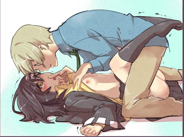 shuri (84k), death the kid, maka albarn, soul eater, 00s, 1boy, 1girl, black hair, black socks, blonde hair, blush, breasts, clothed sex, clothes lift, dress shirt, finger to mouth, genderswap, genderswap (ftm), genderswap (mtf), hetero, leg lock, necktie, nipples, no bra, sex, shirt, shirt lift, short hair, small breasts, socks, tears, trembling, yellow eyes
