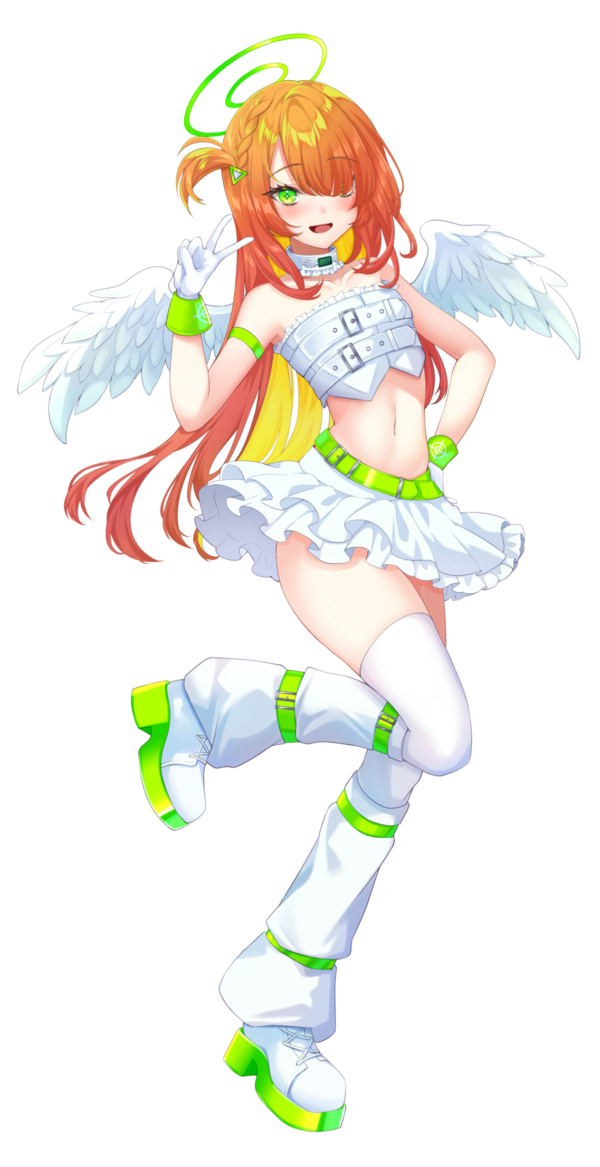 shirokumo chromu, bond en, official art, 1girl, :d, ass, blonde hair, blush, bondlive, braid, choker, colored inner hair, feathered wings, frilled skirt, frills, full body, gloves, green halo, halo, kiyori mist, leg up, leg warmers, long hair, miniskirt, multicolored hair, navel, one side up, open mouth, orange hair, shoes, skirt, smile, solo, stomach, thighhighs, tongue, v, very long hair, virtual youtuber, white choker, white gloves, white leg warmers, white shoes, white skirt, white thighhighs, white wings, wings