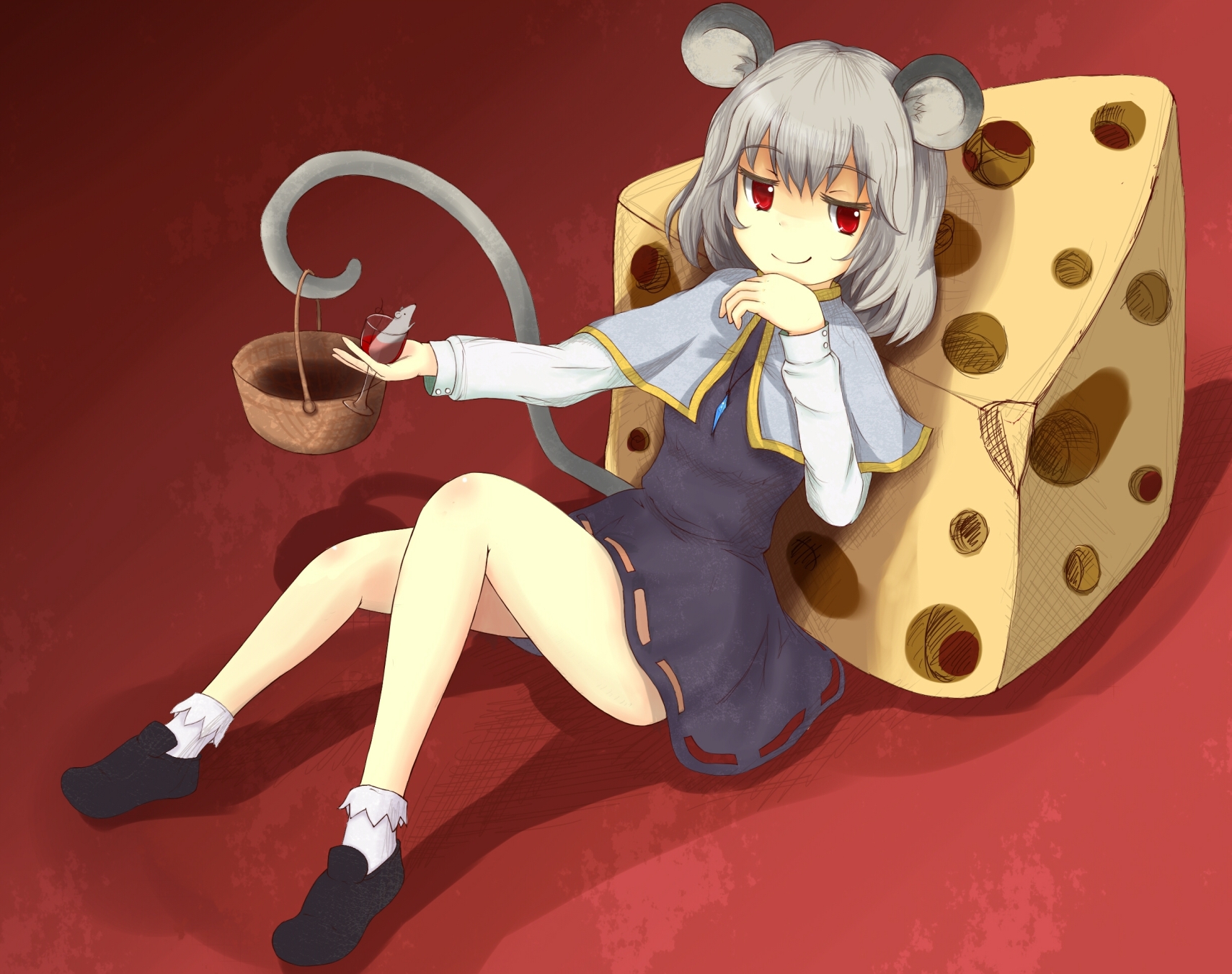 shiro tsugumi, nazrin, touhou, highres, 1girl, animal ears, basket, cheese, cupping glass, female focus, food, full body, gradient background, grey hair, jewelry, mouse (animal), mouse ears, mouse tail, pendant, red eyes, shirotsugumi, short hair, solo, tail