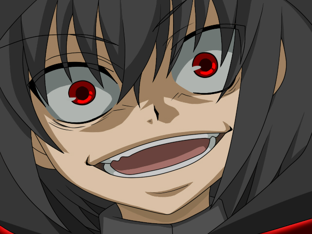 umineko no naku koro ni, black hair, close-up, crazy, laughing, open mouth, parody, red eyes