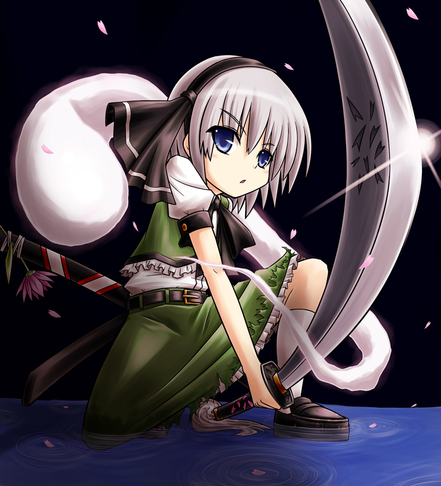 sen-asanagi, konpaku youmu, konpaku youmu (ghost), touhou, silver hair, 1girl, blue eyes, female focus, full body, ghost, hairband, katana, short hair, solo, sword, weapon