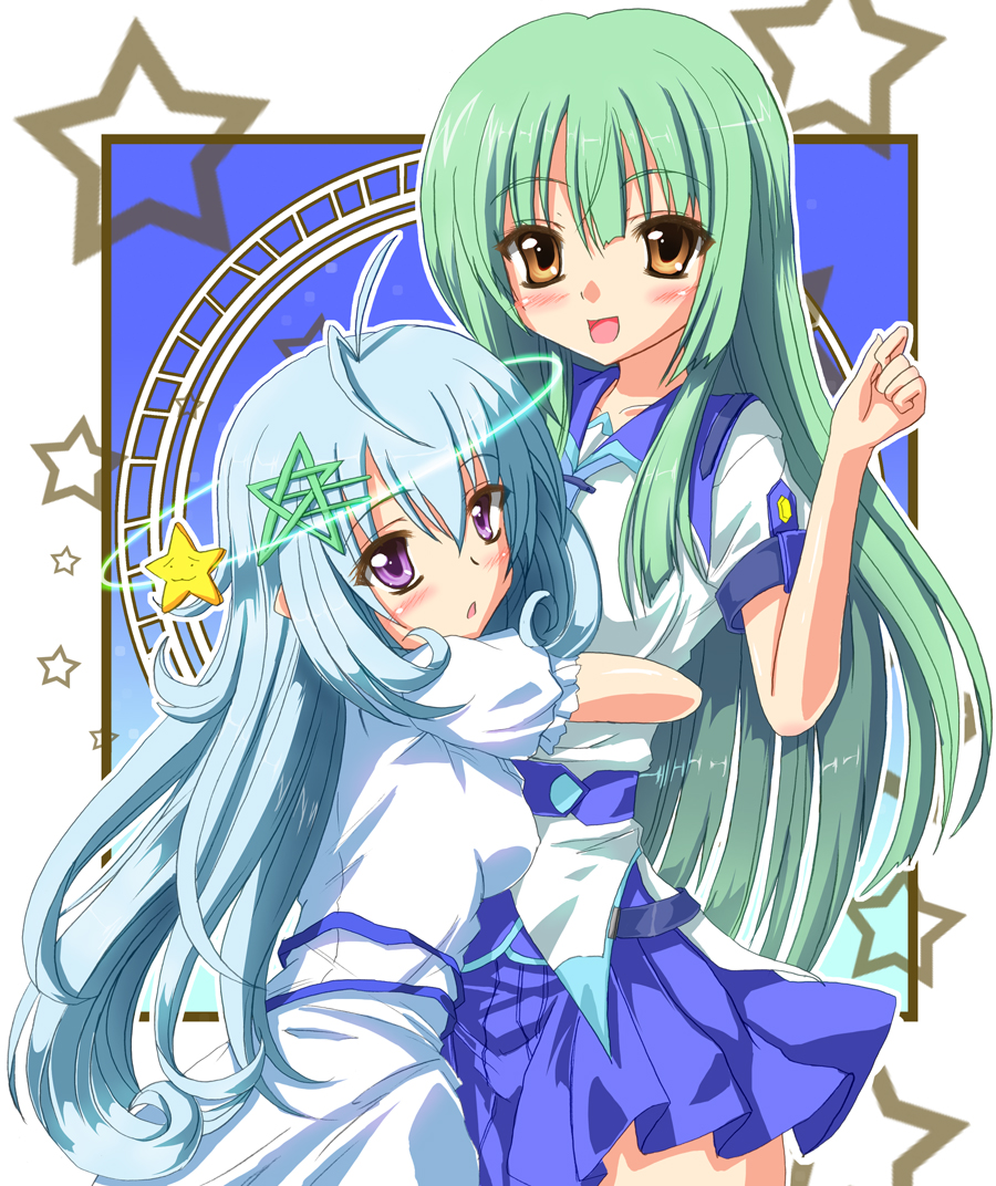 kamishiro ryuu, kuu (77), stella (77), 77: and the two stars meet again, stellar, 2girls, aqua hair, blue hair, blush, brown eyes, green hair, hug, long hair, looking back, multiple girls, purple eyes, skirt, very long hair