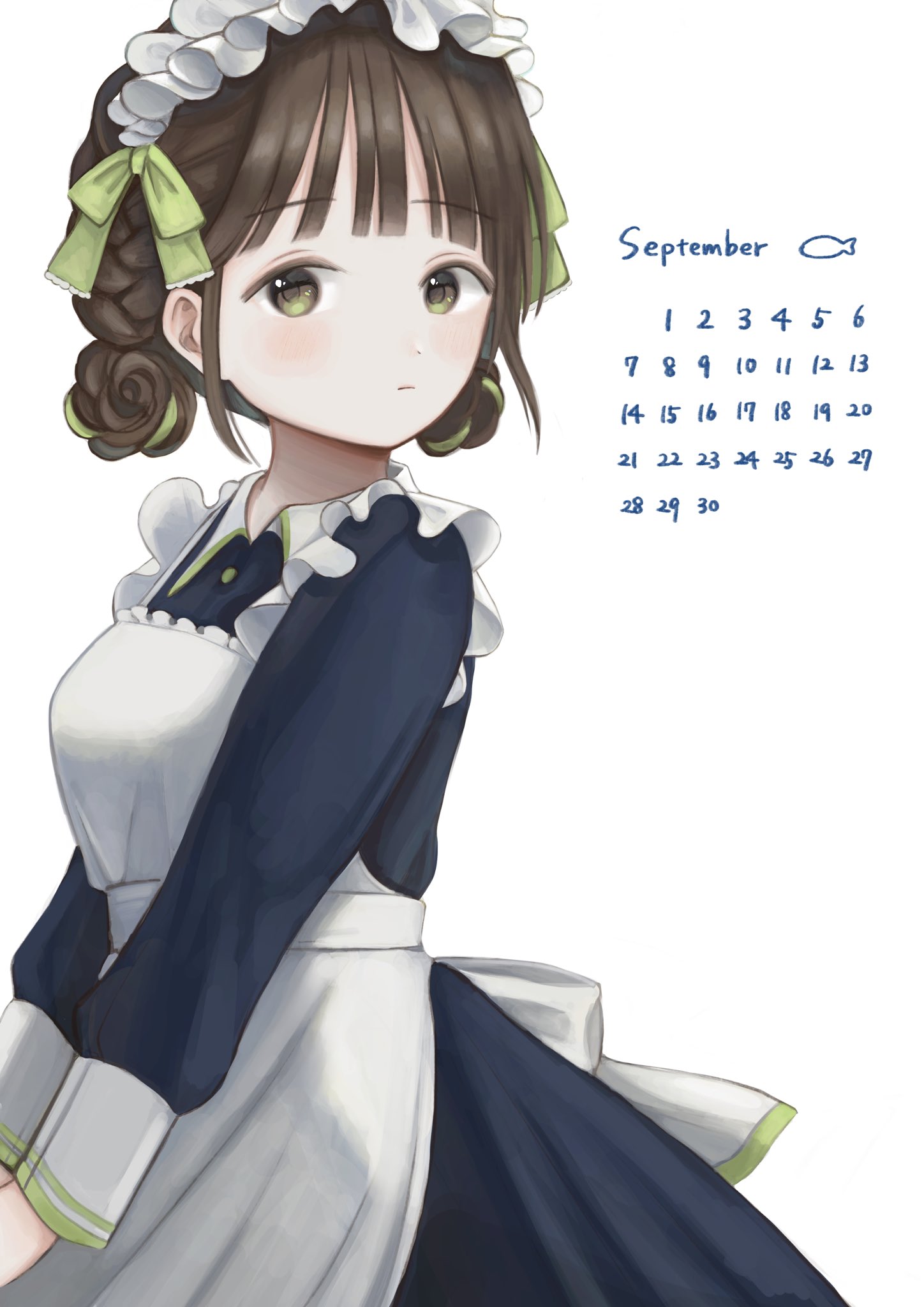 nena labo, original, commentary, highres, symbol-only commentary, 1girl, apron, blue dress, braid, brown hair, calendar (medium), choppy bangs, closed mouth, cowboy shot, dress, expressionless, frilled apron, frills, from side, green eyes, green ribbon, hair ribbon, long sleeves, looking at viewer, looking to the side, maid, maid apron, maid headdress, ribbon, simple background, solo, standing, turning head, white apron, white background