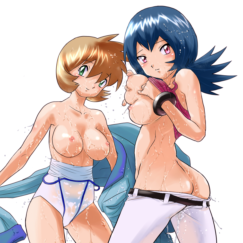 otsukare, misty (pokemon), sabrina (pokemon), nintendo, pokemon, pokemon hgss, 00s, 2girls, ass, black hair, breast lift, breasts, brown hair, butt crack, clothes lift, clothes pull, deep skin, flipped hair, grabbing another's breast, grabbing own breast, green eyes, groping, gym leader, large breasts, multiple girls, nervous, nipples, no panties, nude, one-piece swimsuit pull, pink eyes, pubic hair, see-through clothes, shirt lift, small nipples, smile, topless female, wet