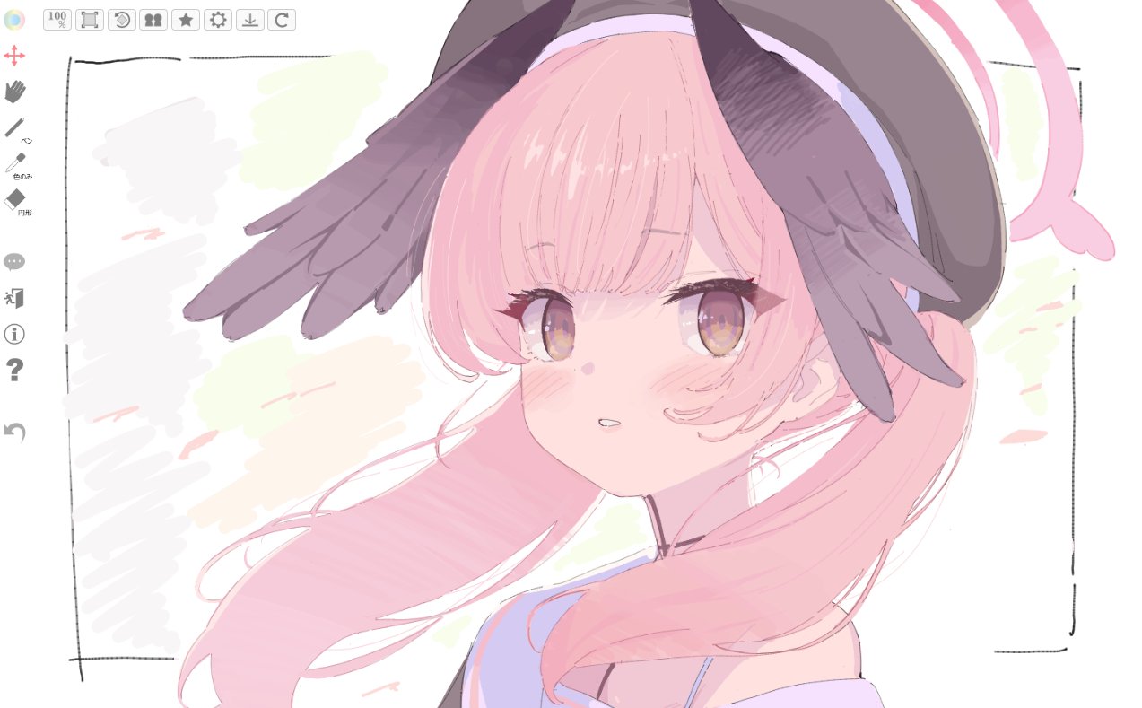 okimiyage (oitekuze kore), koharu (blue archive), blue archive, 1girl, art program in frame, beret, black hat, brown eyes, halo, hat, head wings, looking at viewer, low twintails, off shoulder, parted lips, pink hair, pink halo, solo, twintails, upper body, wings