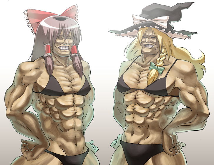 takeda kanryuusai, hakurei reimu, kirisame marisa, cho aniki, touhou, bad id, bad pixiv id, 2girls, abs, biceps, bikini, blonde hair, brown hair, female focus, grin, hands on own hips, hat, long hair, manly, multiple girls, muscular, parody, ribbon, short hair, smile, swimsuit, what