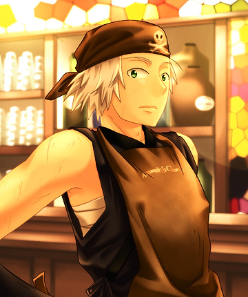 assassin (ragnarok online), ragnarok online, commentary request, lowres, 1boy, apron, bandana, black bandana, brown apron, chest sarashi, closed mouth, dated commentary, expressionless, green eyes, indoors, looking at viewer, male focus, oomojiya, sarashi, shirt, short hair, skull and crossbones, sleeveless, sleeveless shirt, solo, upper body, white hair