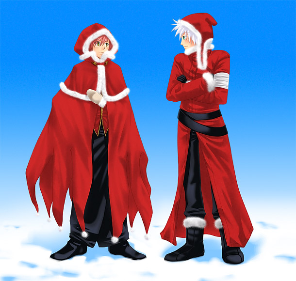 assassin (ragnarok online), wizard (ragnarok online), ragnarok online, commentary request, 2boys, black boots, black pants, black shoes, blue sky, boots, brown eyes, cape, closed mouth, coat, crossed arms, dated commentary, day, full body, green eyes, looking at another, male focus, multiple boys, oomojiya, outdoors, pants, pink hair, red cape, red coat, red shirt, santa costume, shirt, shoes, short hair, sky, smile, snow, standing, white hair
