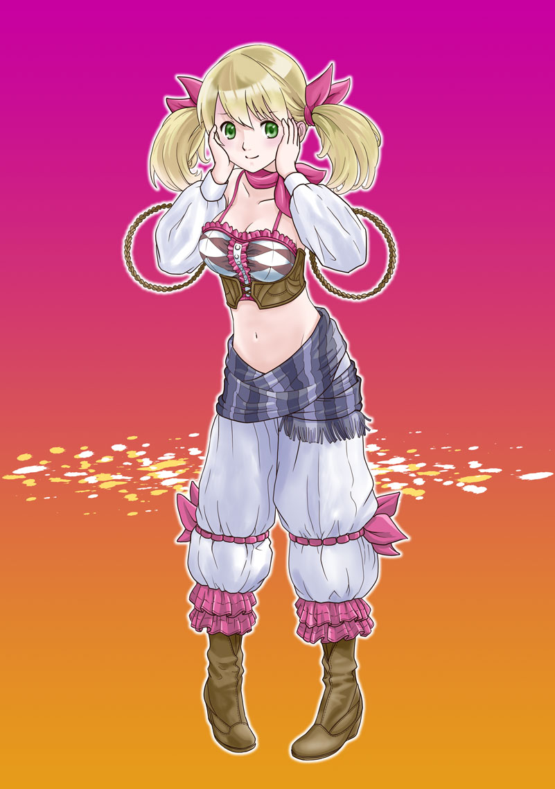 aiuchi akio, lionela heinze, atelier (series), atelier rorona, 1girl, blonde hair, female focus, green eyes, midriff, solo, twintails