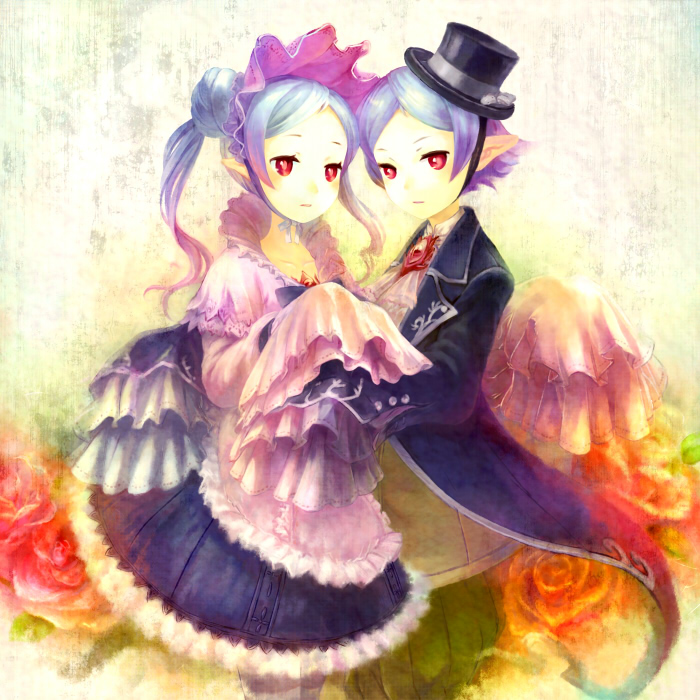 hiz, hom (atelier), atelier (series), atelier rorona, bad id, bad pixiv id, 2girls, blue hair, bonnet, brooch, dress, female focus, flower, hat, jewelry, long hair, long sleeves, multiple girls, pointy ears, red eyes, tailcoat, top hat