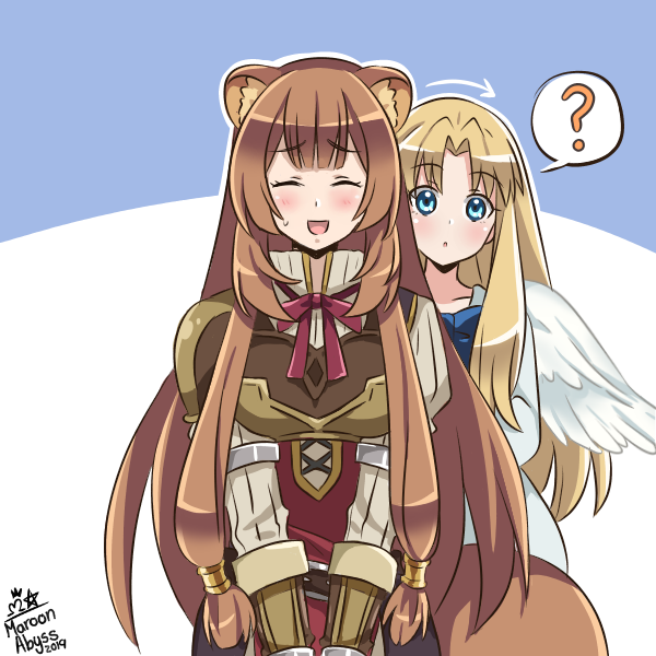 maroonabyss, filo (tate no yuusha no nariagari), raphtalia, tate no yuusha no nariagari, commentary request, 2girls, :d, :o, ?, abstract background, animal ear fluff, animal ears, armor, artist name, behind another, bird girl, bird wings, black dress, blonde hair, blue background, blue eyes, blunt bangs, blush, breasts, brown armor, brown gloves, brown hair, closed eyes, confused, curtained hair, dated, double-parted bangs, dress, elbow gloves, facing viewer, feathered wings, gloves, leather armor, long hair, long sleeves, medium breasts, metal arm cuffs, metal wrist cuffs, multiple girls, neck ribbon, open mouth, pauldrons, pinstripe dress, pinstripe pattern, raccoon ears, raccoon girl, raccoon tail, red dress, red ribbon, ribbon, shoulder armor, signature, single pauldron, sleeveless, sleeveless dress, smile, speech bubble, spoken question mark, straight-on, straight hair, sweatdrop, tail, two-tone dress, upper body, white background, white dress, white wings, wings