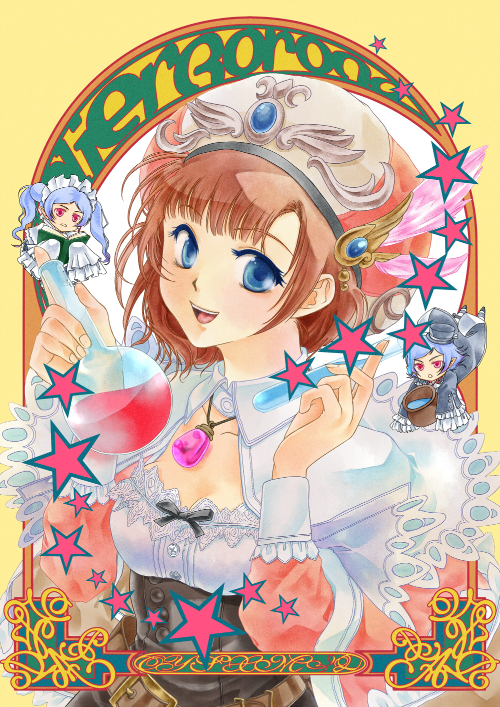 hs, satomi hiroshi, rorolina frixell, atelier (series), atelier rorona, bad id, bad pixiv id, highres, 1boy, 2girls, feathers, hat, jewelry, mini person, miniboy, minigirl, multiple girls, pendant, potion, solo, solo focus, star (symbol)
